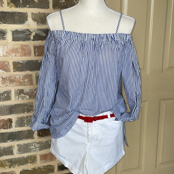 Velvet Heart Blue Preppy Oxford Pinstripe Off Shoulder Top Adjustable Strap Sz M - Picture 11 of 11